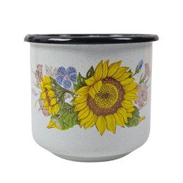 Enamelled mug, blue, with sunflowers