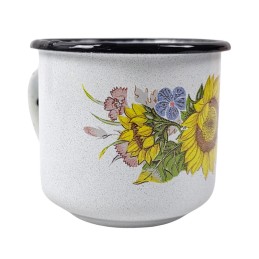 Enamelled mug, blue, with sunflowers