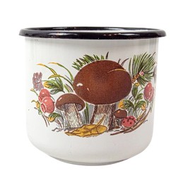Enamelled mug, white, with mushrooms