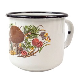 Enamelled mug, white, with mushrooms