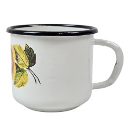 Enamelled mug, white, with wild rose