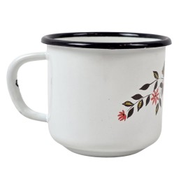 Enamelled mug, white, with wild rose